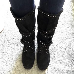 Black Minnetonka Silver Studded Moccasin Boots
